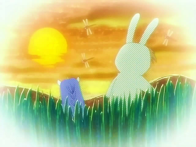 anime Damekko Doubutsu 22 любование закатом солнца в океан, зайчик стрекозы
