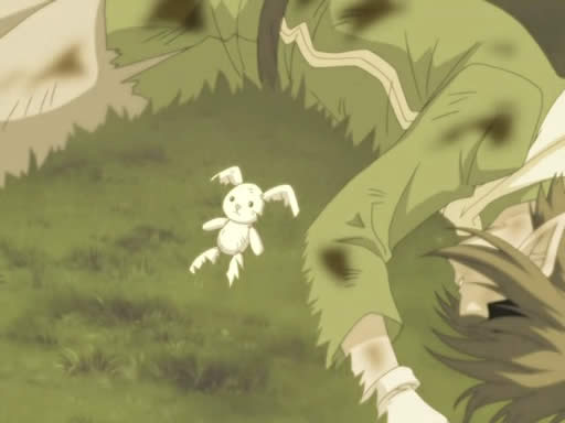 anime Laid - плюшевый зайчик на траве рядом с мёртвой эльфийкой 