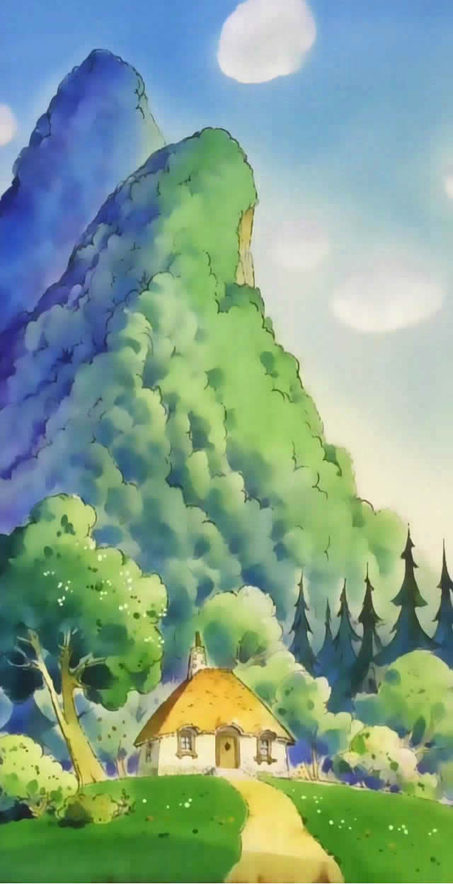 anime Akazukin Chaha 03 Natural picture mountain высокая крутая гора домик у подножия