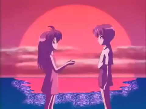 anime Psychic Academy Aura Bansho 06 sea sunset boy and girl, gift закат большое солнце берег девочка дарит мальчику, аниме кадр
