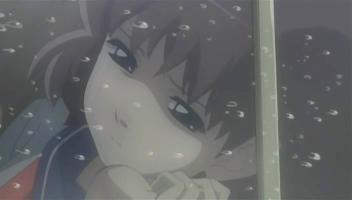 anime Blue Drop 01 sad girl in car, rain-drops on glass аниме Голубая Капля: Мистерия Ангелов, грустная девочка, капли дождя на окне машины