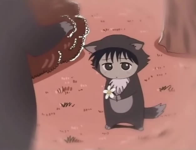 anime damekko doubutsu 09 bashful Uruno-wolf застенчивый волчонок с цветочком, которого ругает волчиха за его несмелость