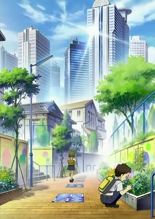 japanese city street - anime Fairy Musketeer Akazukin - school-boy talk: 'Good morning, flowers!', юный японский школьник по пути в школу здоровается с цветами на клумбе; контраст - низкие и высокие дома в городе