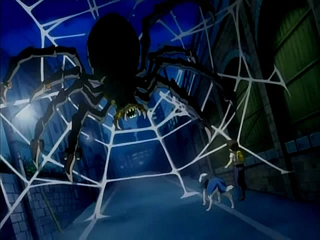 огромный паук и паутина в городе - детское аниме 'Сказочный Мушкетёр Красная Шапочка' anime Fairy Musketeer Akazukin 