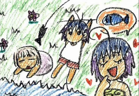 anime Jungle Wa Itsumo Hale Nochi Guu 02 fishing - wax pencil picture draw аниме