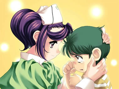 hentai-game Private Nurse проверяет температуру прикосновением своего лба