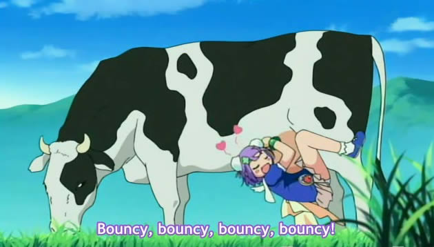 anime Popotan 13 Girl and Cow bouncy bouncy аниме прижалась к коровьему вымени и трётся 