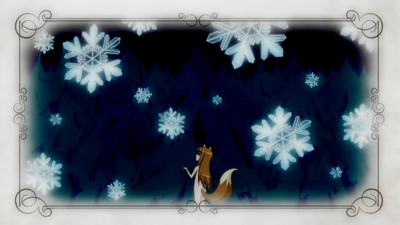 snowflakes and coniferous forest - anime frame Spice and Wolf аниме кадр Волчица и Пряности, снежики и хвойный лес