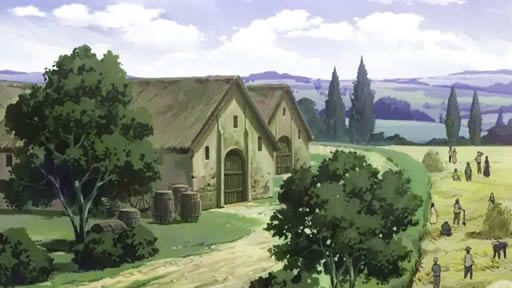 landscape anime Wolf and Spice ~ Ookami to Koushinryou пейзаж из анимэ Волчица и Пряности - люди убирают хлеб на поле