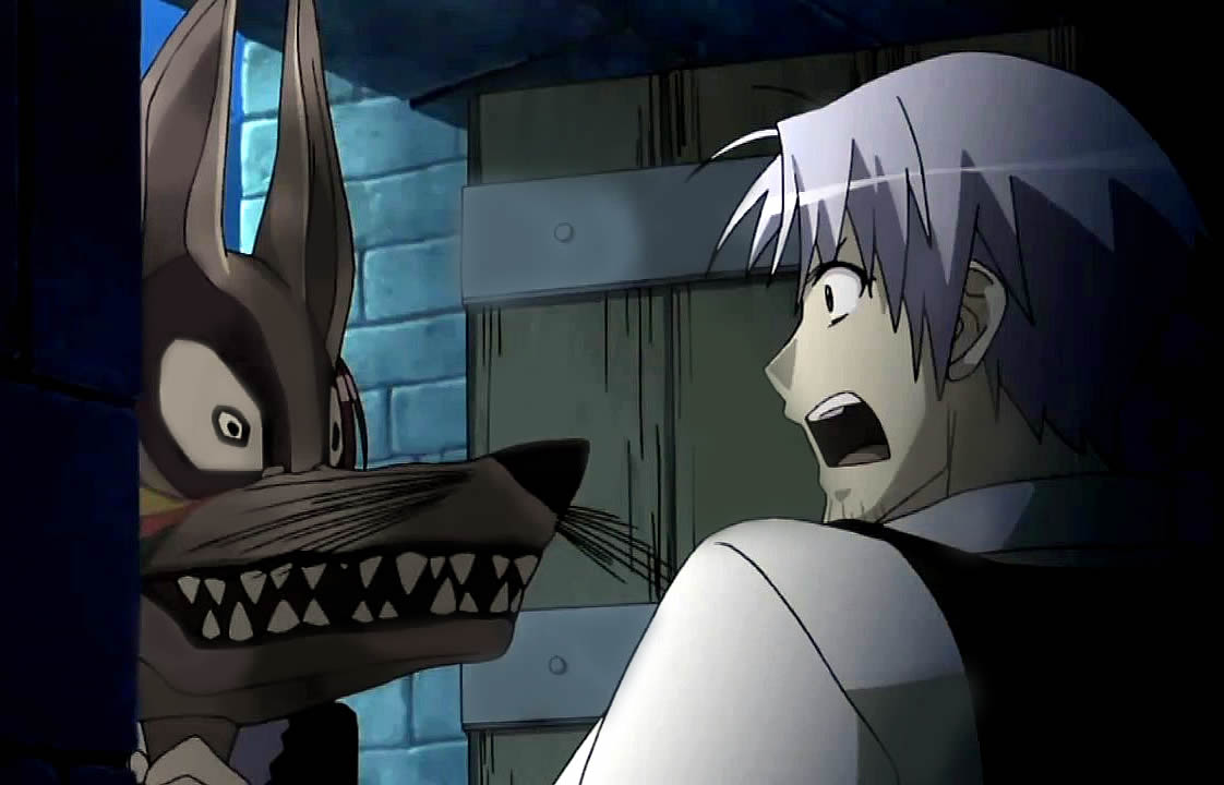 scary wolf mask - anime Wolf and Spice, Крафт Лоуренс и зубастая волчья морда в дверях - аниме Волчица и Пряности