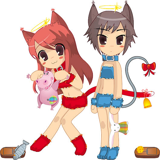 2 anime kawaii neko две кавайных котёнка с бантиком и колокольчиком на хвостах