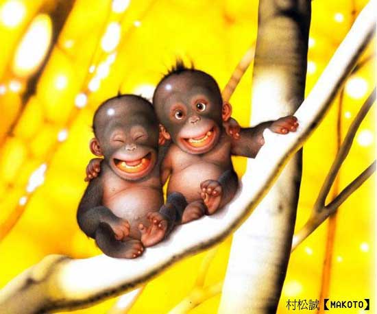 2 lol little monkeys - by Makoto, две маленькие обезьянки на дереве улыбаются