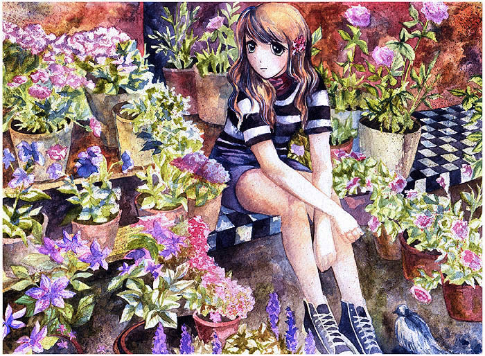 anime-girl and home-flowers
