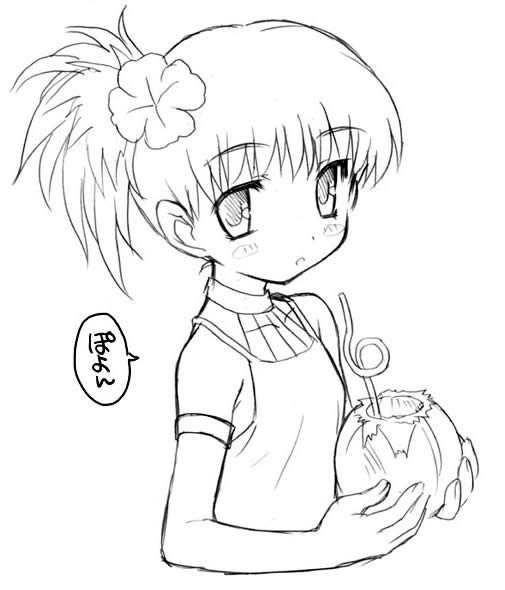 poyon - black and white anime picture чёрно-белый аниме рисунок, девочка с цветочком на волосах и трубочка в кокосе