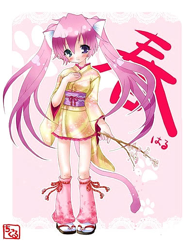 anime-girl-cat in kimono аниме-кошечка-девочка в кимоно