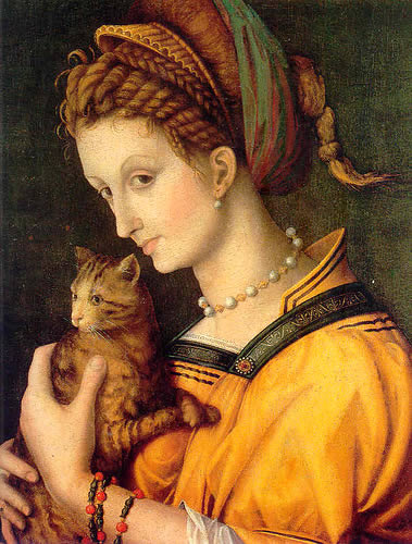 старинная картина: женщина, прижимающая к себе кошку